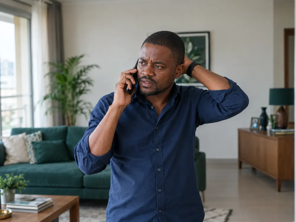 Un client, téléphone à l'oreille, cherche quelqu'un en urgence depuis son salon