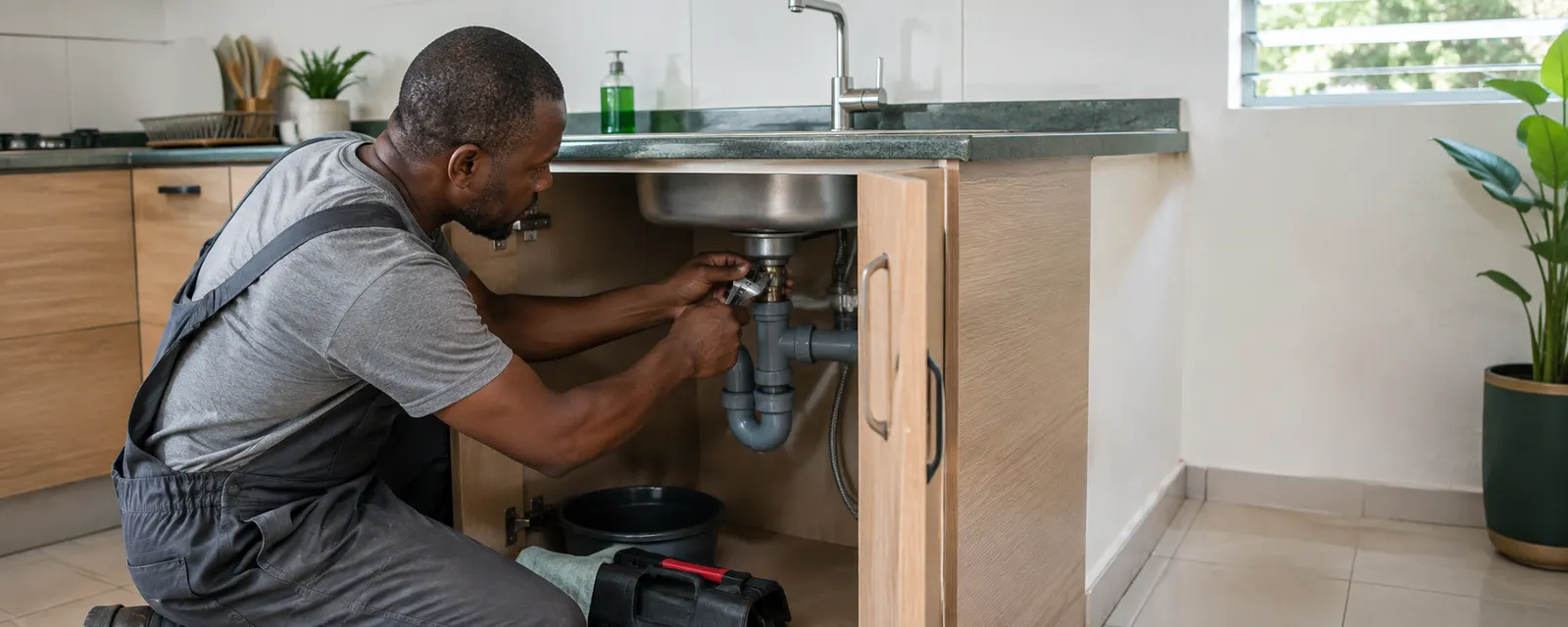 Un plombier répare la tuyauterie sous un évier, chez un client à Abidjan